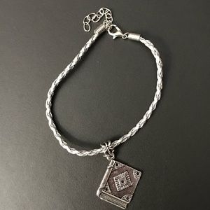 Silver Braided Leather Book Charm Bracelet
